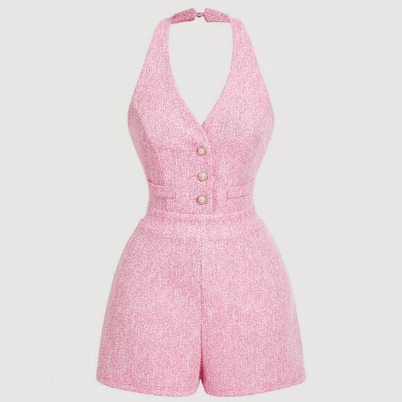 Pink Casual Women's Tweed V-Neck Sleeveless Pearl Button Jumpsuit